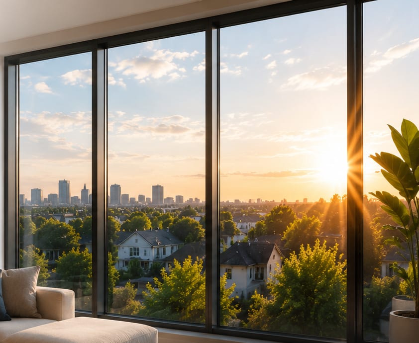 Salon avec fenêtres panoramiques et pellicule solaire, vue sur Montréal au coucher du soleil