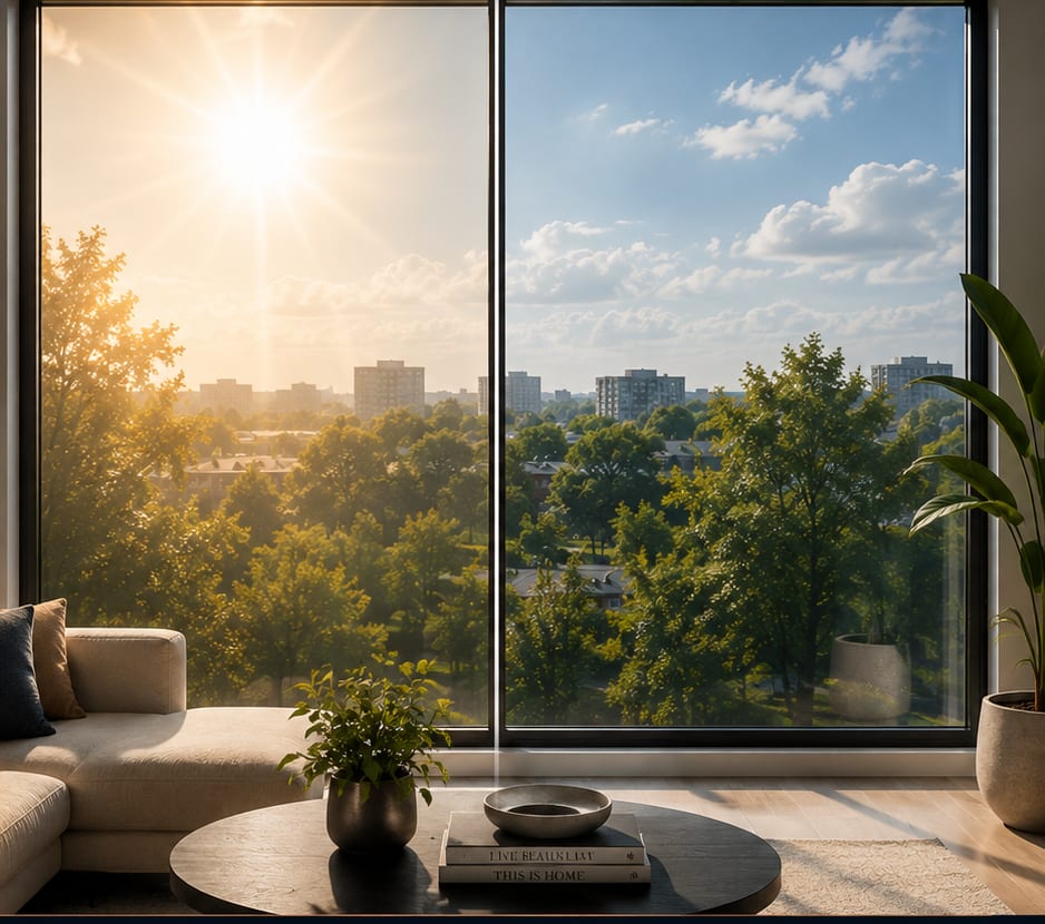 Réduction de l'éblouissement et de la chaleur grâce à la pellicule solaire sur une fenêtre à Montréal